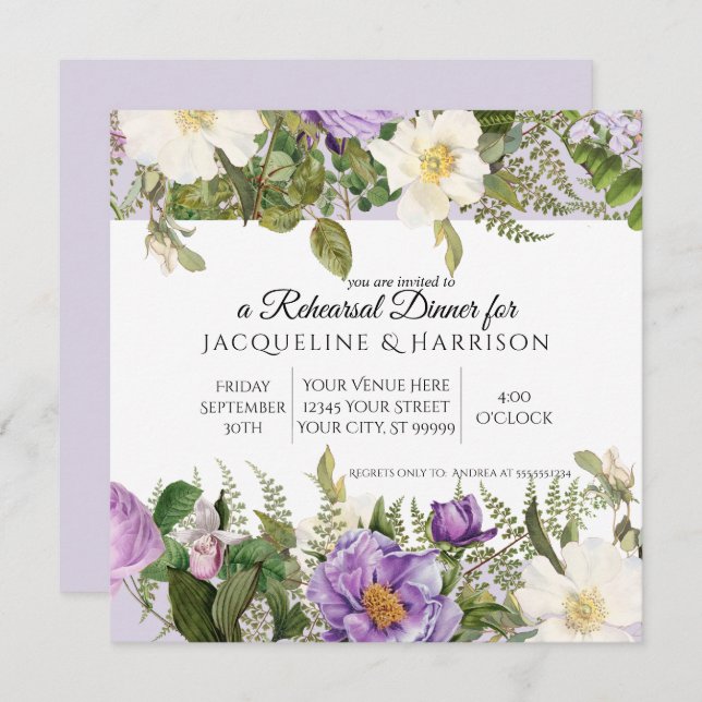Eleganter Vintager Botanischer Peony Floral Lavend Einladung (Vorne/Hinten)