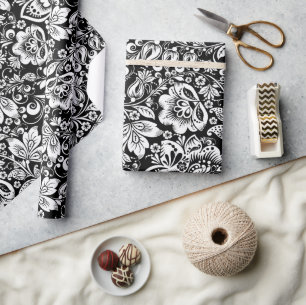 Eleganter Vintager Damast auf schwarzem Hintergrun Geschenkpapier