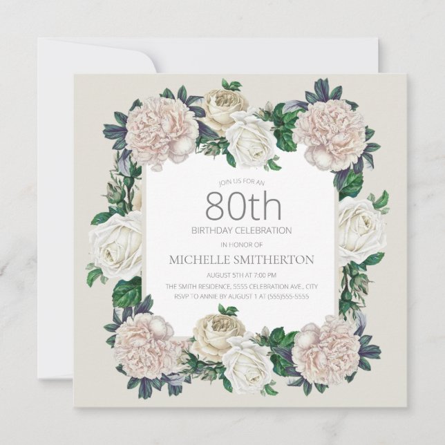 Eleganter Vintager Elfenbeincreme 80. Geburtstag Einladung (Vorderseite)