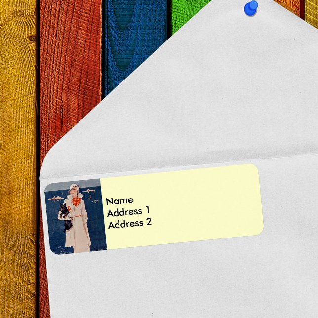 Eleganter Vintager Lady Scotty Hund Rücksendeadres (Lady in white suit with Scotty dog by ocean return address label.)