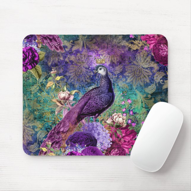 Eleganter Vintager Lila Pfau Aquamarin Mousepad (Mit Mouse)