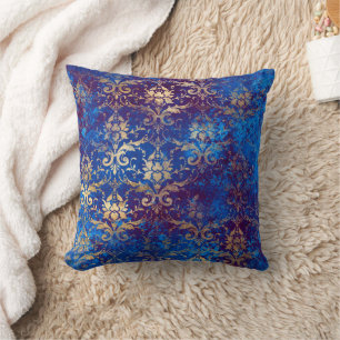 Eleganter Vintager Navy Blue Gold Damask Kissen