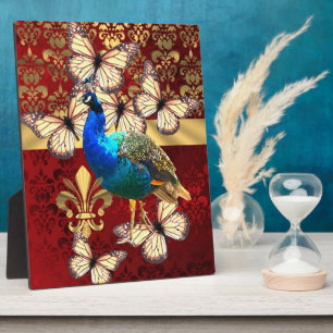 Eleganter Vintager Pfau und roter Damast Fotoplatte