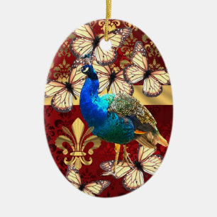 Eleganter Vintager Pfau und roter Damast Keramikornament