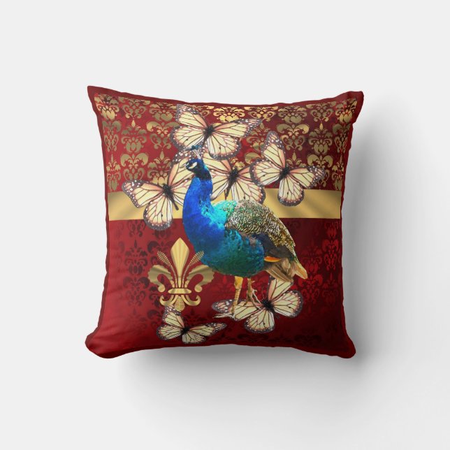 Eleganter Vintager Pfau und roter Damast Kissen (Vorderseite)