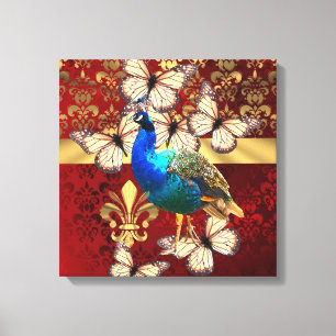 Eleganter Vintager Pfau und roter Damast Leinwanddruck