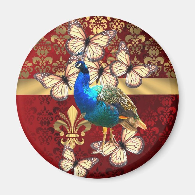 Eleganter Vintager Pfau und roter Damast Magnet (Vorne)