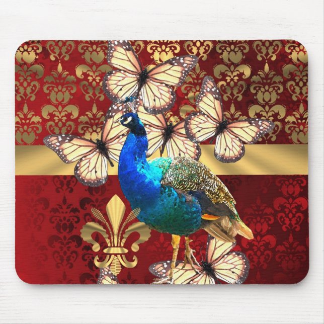 Eleganter Vintager Pfau und roter Damast Mousepad (Vorne)