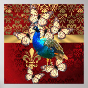 Eleganter Vintager Pfau und roter Damast Poster