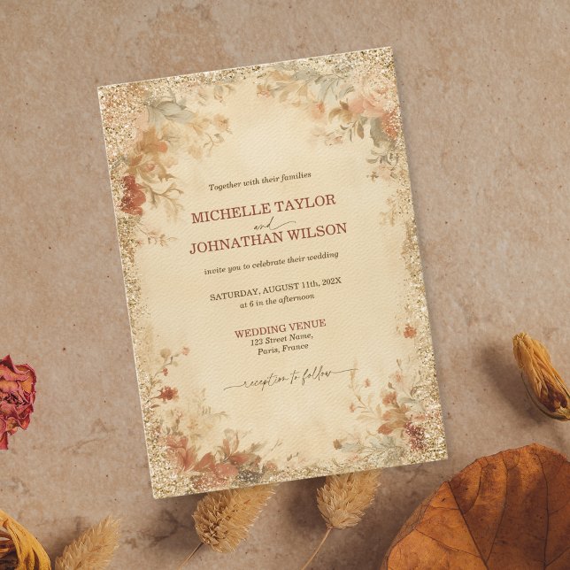 Eleganter Vintager Rokoko Viktorianische Blumenhoc Einladung (rococo baroque floral wedding invitation in earth tones with gold glitter details)