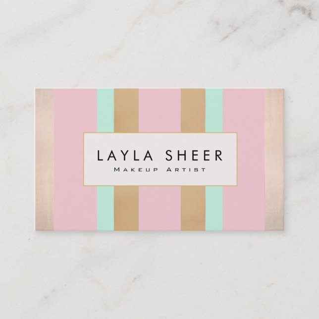 Eleganter Vintager Rosa- und Goldgestreifter Makeu Visitenkarte (Vorderseite)