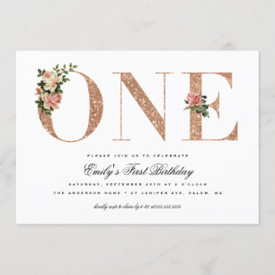 Eleganter Vintager Rose Glitzer 1. Geburtstag Einladung