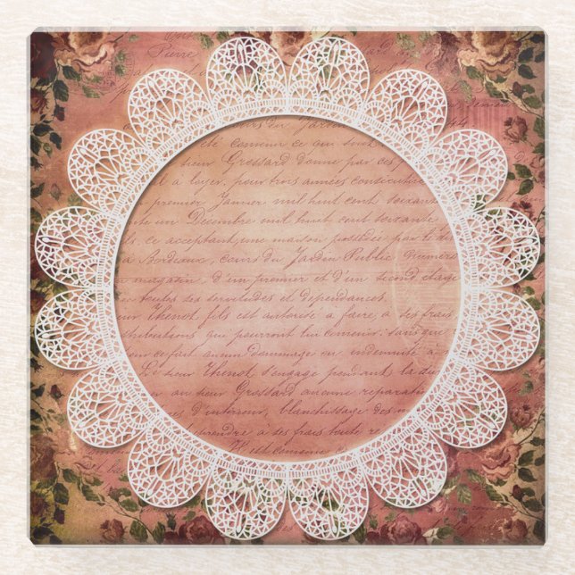 Eleganter Vintager Rose- und Spitzenglas-Untersetz Glasuntersetzer (Vorderseite)