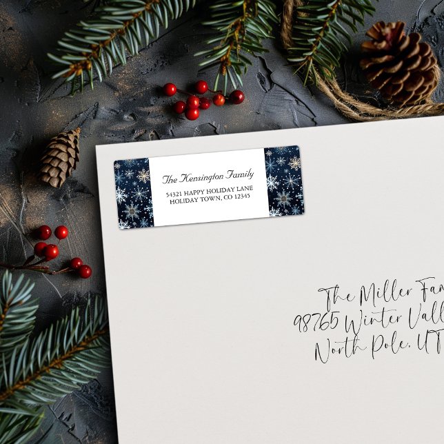 Eleganter Vintager Schneeflocken Winter (Elegant Vintage Blue Snowflakes Winter Label)