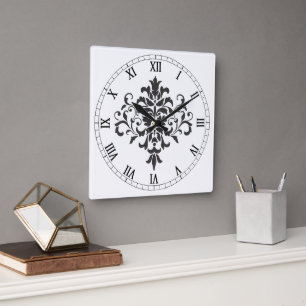Eleganter Vintager Schwarz-Weiß-Damast Quadratische Wanduhr