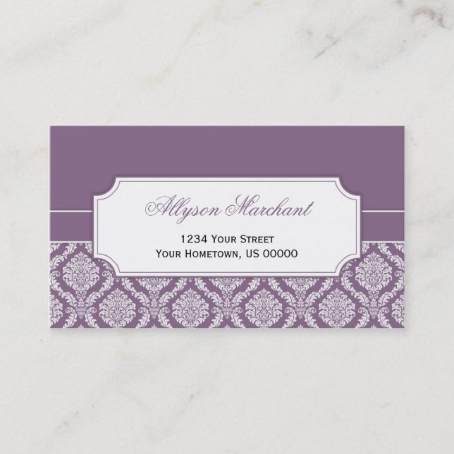 Eleganter Vintager staubiger lila weißer Damast #2 Visitenkarte (Vorderseite)