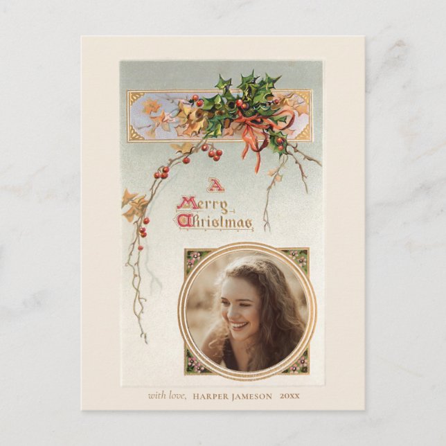 Eleganter Vintager Stil, Holly und Foto Postkarte (Vorderseite)