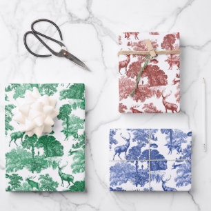 Eleganter Vintager Toile Deer Fox in Woods Wra Geschenkpapier Set