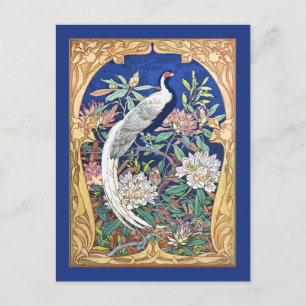 Eleganter Vintager tropischer Vogel und Blume Blau Postkarte
