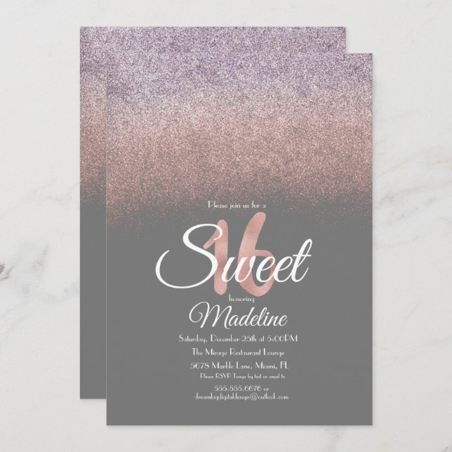 Eleganter Violet Blush Pink Ombre Glitzer Sweet 16 Einladung (Vorne/Hinten)