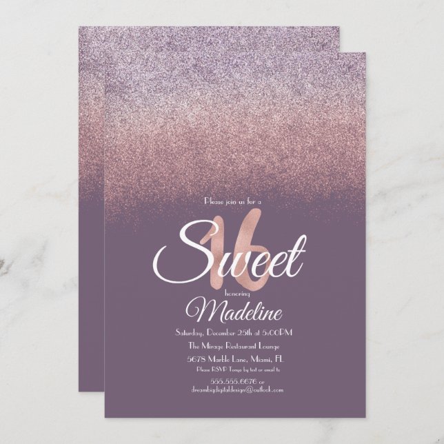 Eleganter Violet Blush Pink Ombre Glitzer Sweet 16 Einladung (Vorne/Hinten)