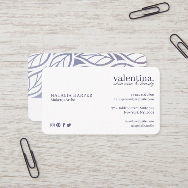 Eleganter Violet Glitzer Leaf Muster Schönheit Mak Visitenkarte (Vorderseite/Rückseite Beispiel)