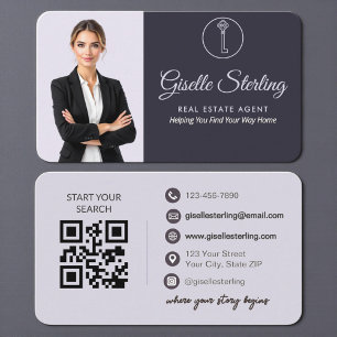 Eleganter violetter Makler-QR-Code Visitenkarte