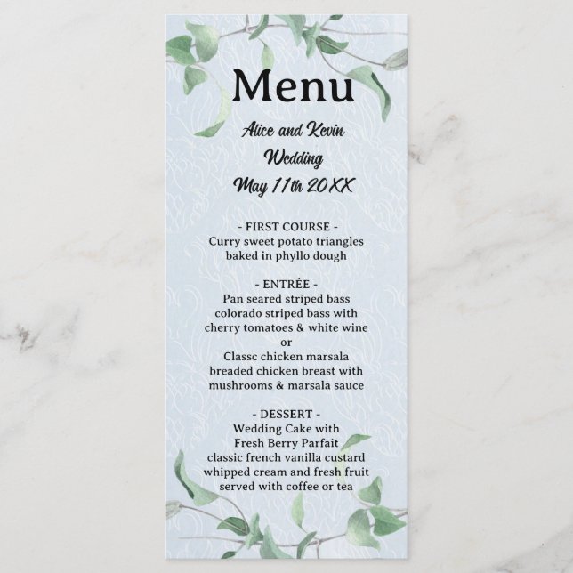 Eleganter violetter Zweig auf himmelblauem Hinterg Menükarte (Vorderseite)