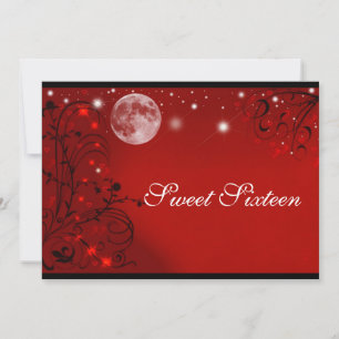 Eleganter Vollmond Rot Schwarz Weiß, Sweet Sixteen Einladung