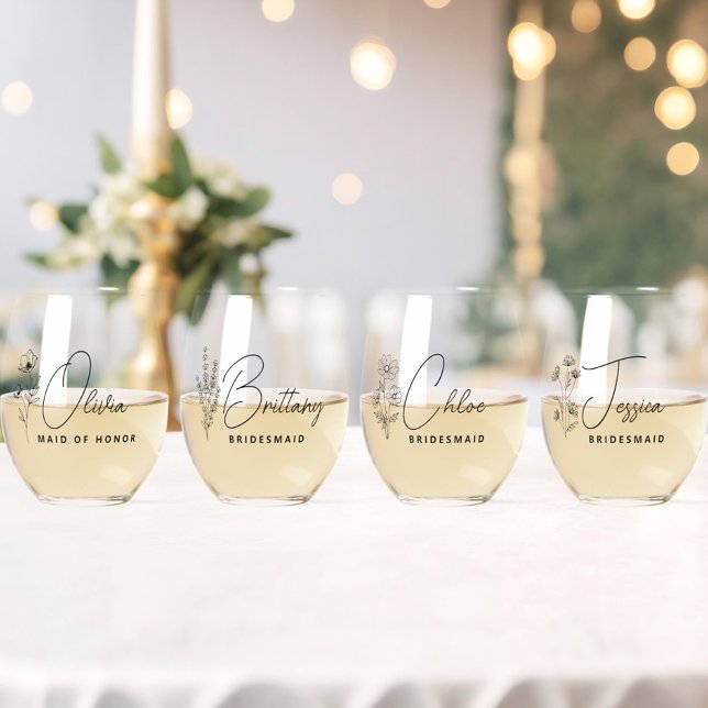 Eleganter Vorschlag für Personalisierte Bridesmaid Weinglas Ohne Stiel (wildflower floral bridesmaid wine glass with name, bridesmaid proposal, wedding bridal party gifts)