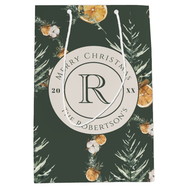 Eleganter waldgrüner Winter Mit Monogramm Mittlere Geschenktüte (Vorderseite)