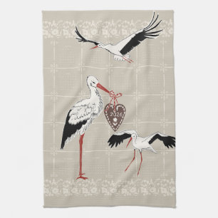 Eleganter warmer Beige-Volkskalender Storch 2026 Geschirrtuch