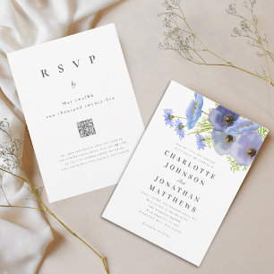 Eleganter Wasserfarbe-Blumen- Blau Hochzeit Qr Cod Einladung