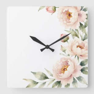 Eleganter Wasserfarbe-Blush-Pfingstrosen-Blumenhin Quadratische Wanduhr