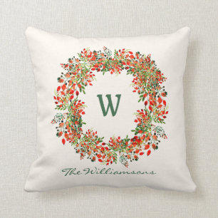 Eleganter Wasserfarbe-Grünkränze-Monogramm individ Kissen