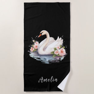 Eleganter Wasserfarben-Blumen-Schwarzer Schwan Nam Strandtuch