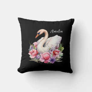 Eleganter Wasserfarben-Blumenschwan Tochter Name Kissen