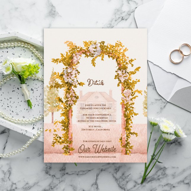 Eleganter Wasserfarben-Gartenbogen Hochzeitsdetail Begleitkarte (Elegant Watercolor Garden Arch Wedding Details Card Rustic Countryside Information Enclosure Card)