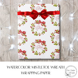 Eleganter Wasserfarben-Mistelzweig-Kranz und roter Geschenkpapier