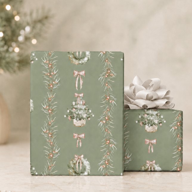 Eleganter Wasserfarben-Salbei-Weihnachtskranz Geschenkpapier (elegant classic sweet watercolor sage green christmas tree wreath coquette bow gift wrapping paper)