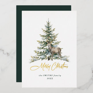 Eleganter Wasserfarben-Weihnachtsbaum-Hirsch ohne Folien Feiertagskarte