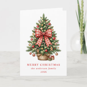 Eleganter Wasserfarben-Weihnachtsbaum mit rotem Gi Feiertagskarte