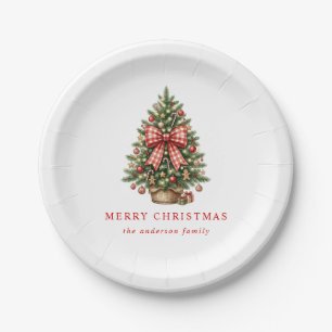 Eleganter Wasserfarben-Weihnachtsbaum mit rotem Gi Pappteller