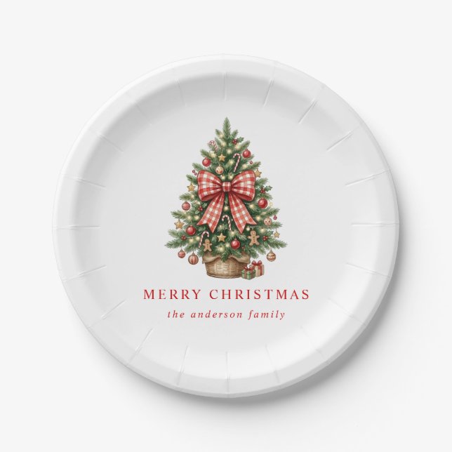 Eleganter Wasserfarben-Weihnachtsbaum mit rotem Gi Pappteller (Vorderseite)
