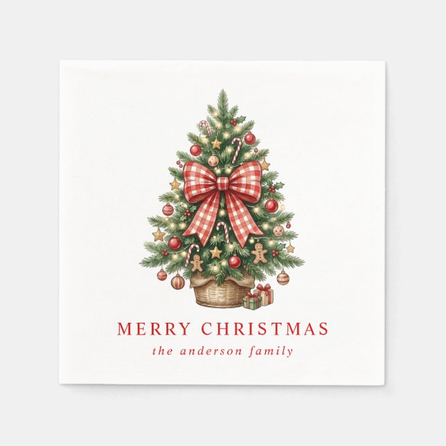 Eleganter Wasserfarben-Weihnachtsbaum mit rotem Gi Serviette (Vorderseite)