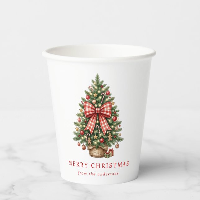 Eleganter Wasserfarben-Weihnachtsbaum mit roter Gi Pappbecher (Vorderseite)