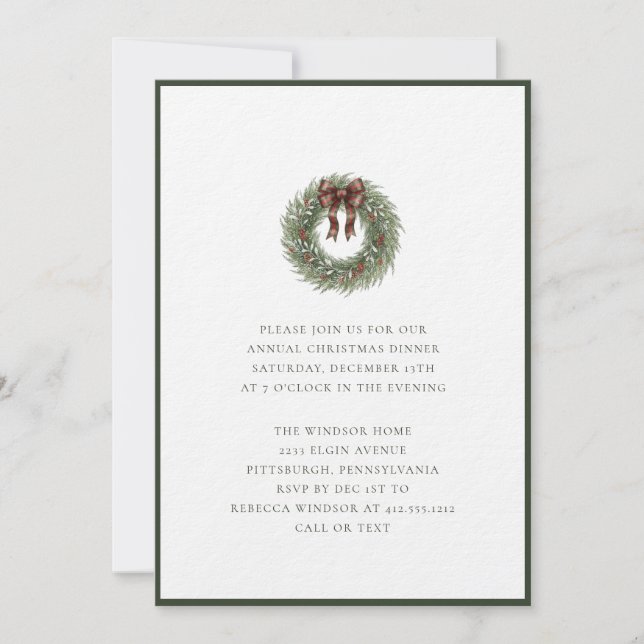 Eleganter Wasserfarben-Weihnachtskranz mit Karo-Sc Einladung (Vorderseite)