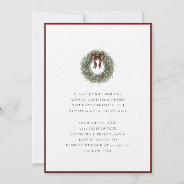 Eleganter Wasserfarben-Weihnachtskranz mit Karoban Einladung (Vorderseite)