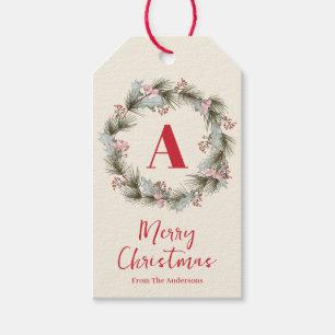 Eleganter Wasserfarben-Weihnachtskranz-Monogramm Geschenkanhänger