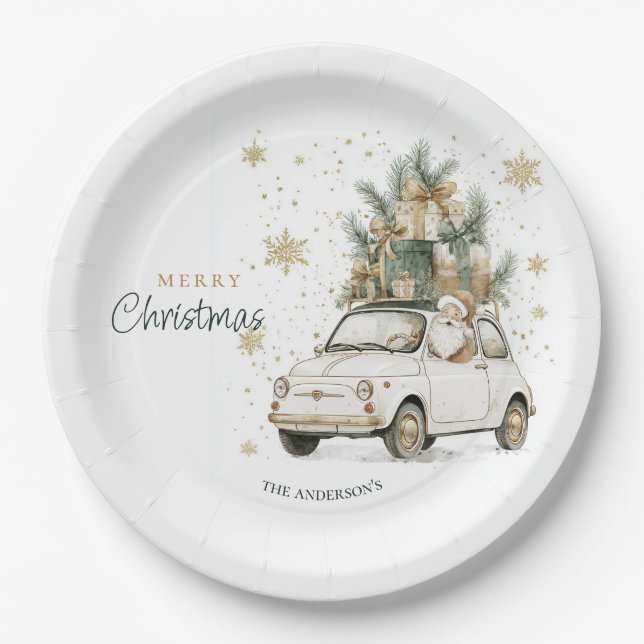 Eleganter Wasserfarben-Weihnachtsmann-Auto-Schnee- Pappteller (Vorderseite)